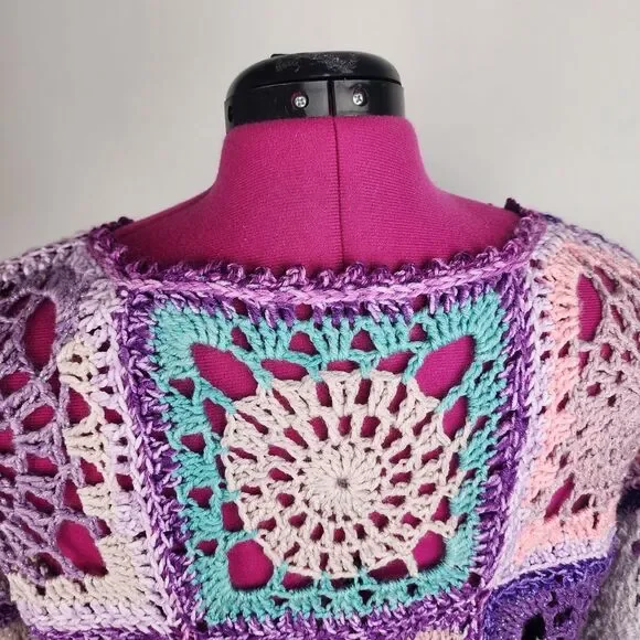 New Handmade Boho Crochet Granny Square Top - Vibrant Patchwork Festival Blouse - Picture 11 of 16